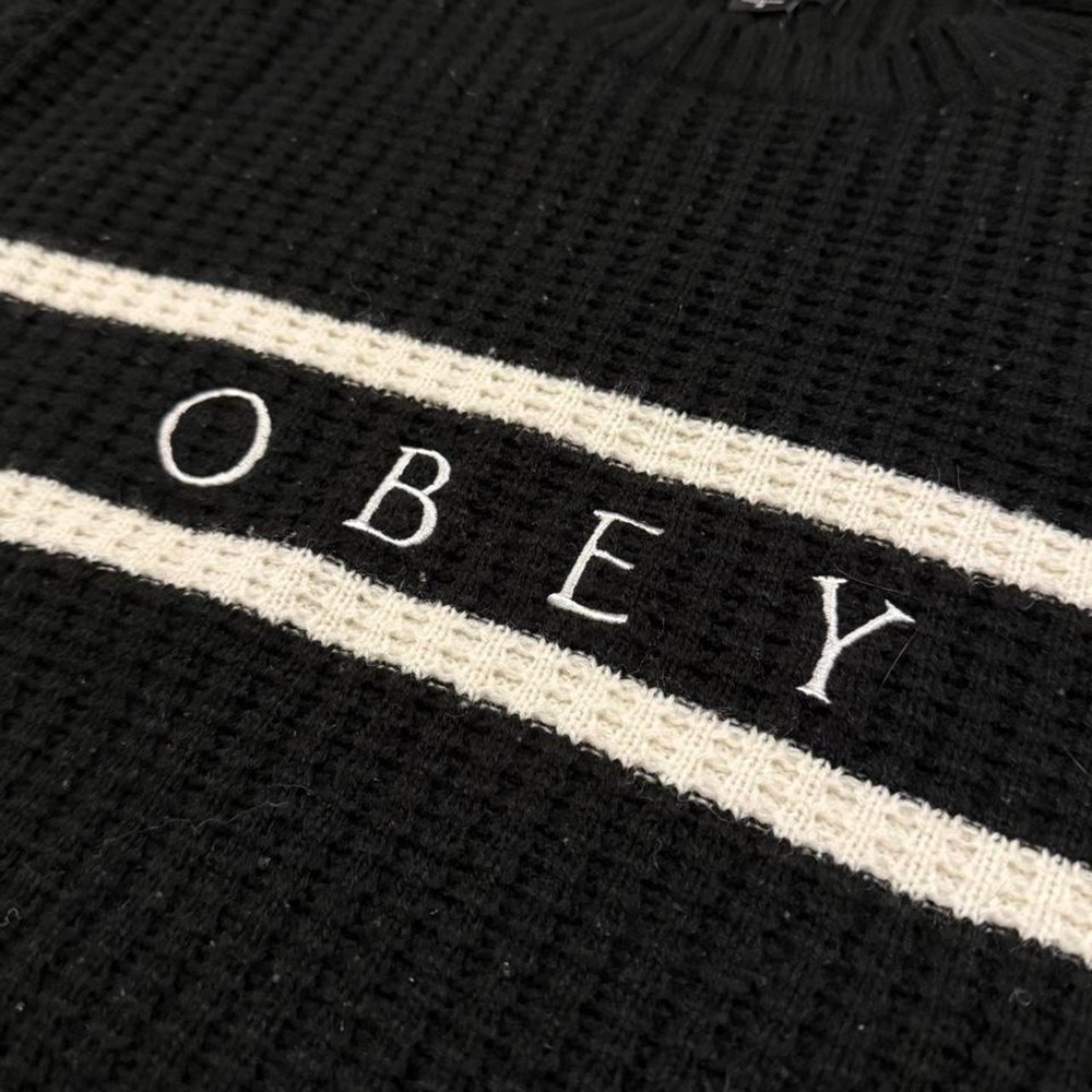 Obey black knit sweater white stripe Size Medium - Picture 3 of 5